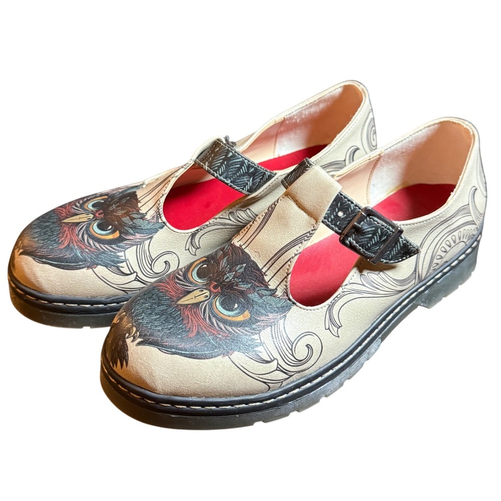 Goby Owl T-Strap Mary Jane Shoes Womens 38 Beige Graphic Print Flats